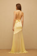 Chantal Yellow Asymmetrical Satin Maxi Dress