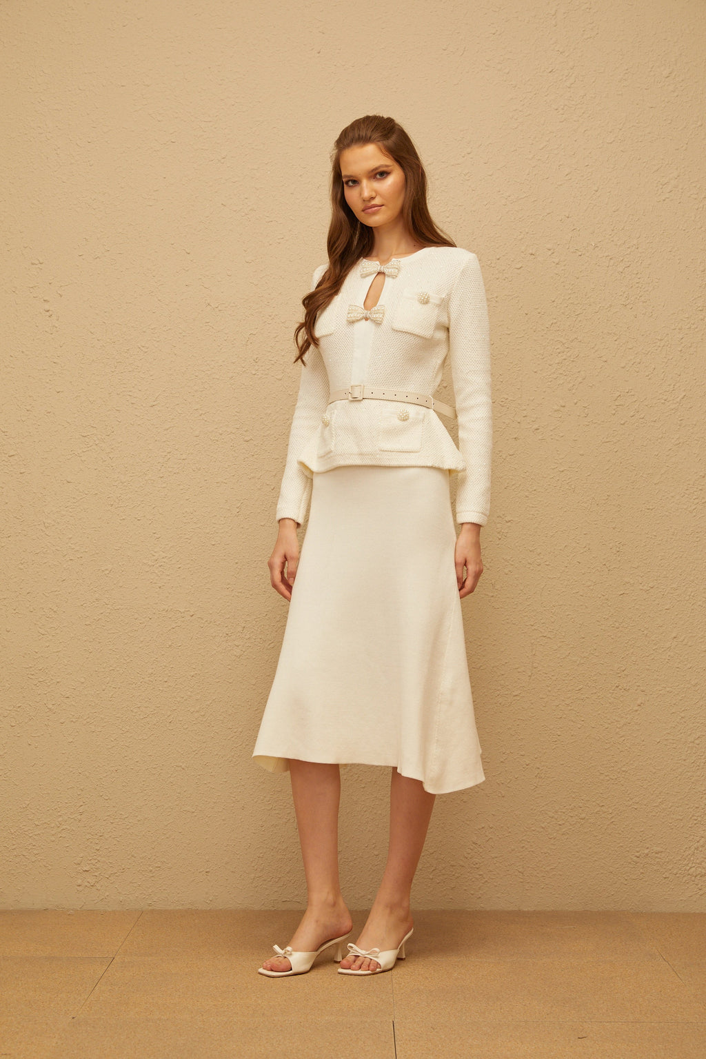 Adélade White Embellished Knit Midi Dress