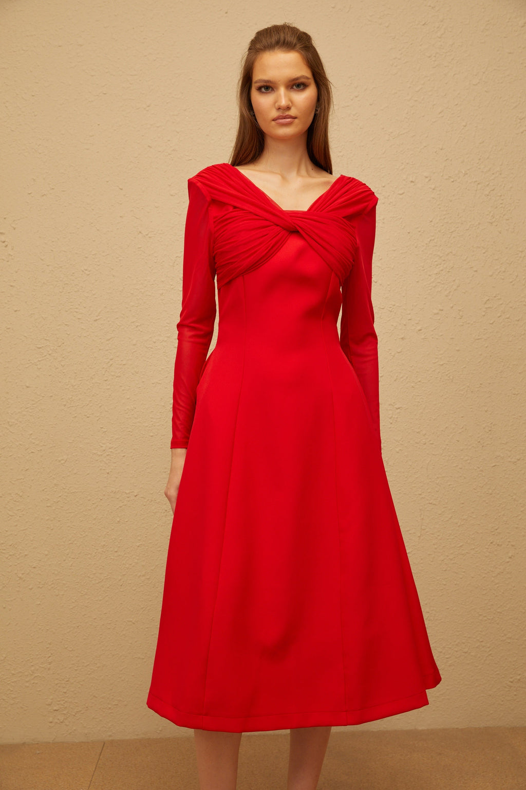 Colette Red Twisted Mesh Panel Midi Dress