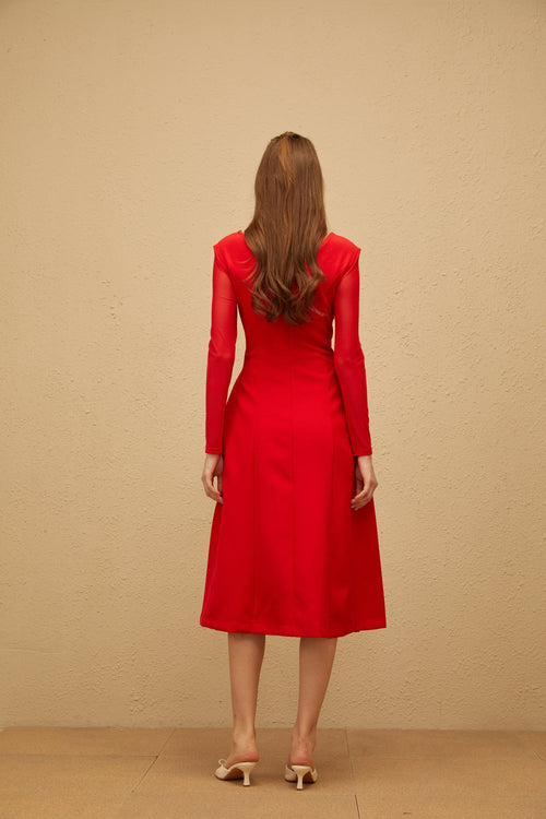 Colette Red Twisted Mesh Panel Midi Dress