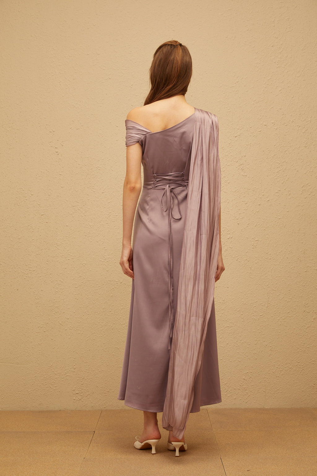 Judith Purple Ruched Glossy Ribbon Maxi Dress