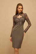 Géraldine Grey Lace Panel Pencil Midi Dress