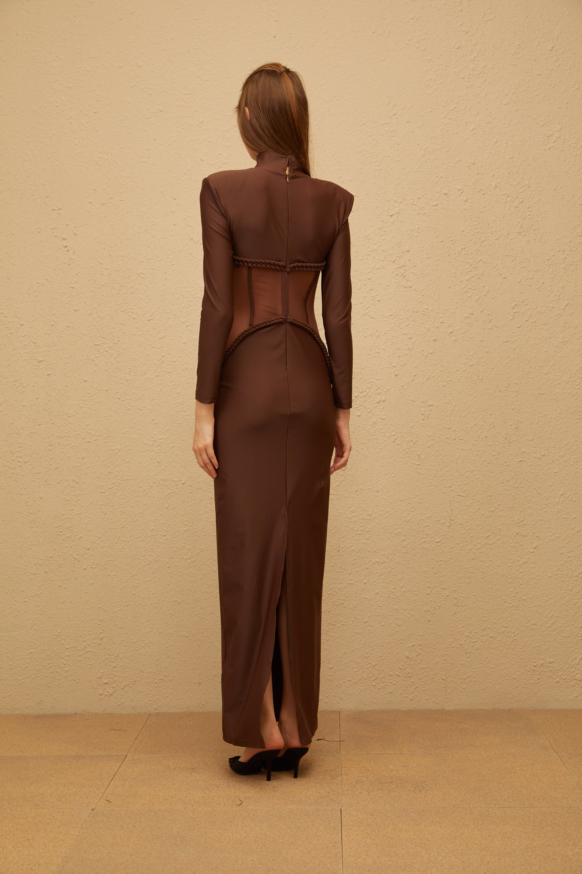 Amaryllis Brown Mesh Panel Corset Maxi Dress