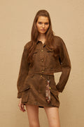Raphaëlle Brown Suede Texture Denim Jacket & Skirt Set