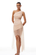 Niki Neutral Asymmetrical Ruched Tulle Midi Dress