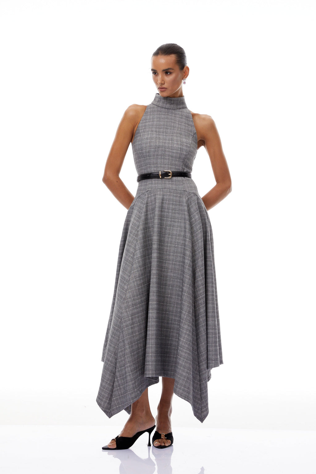 Wilhemine Grey Checked Tweed Midi Dress (Without Belt)
