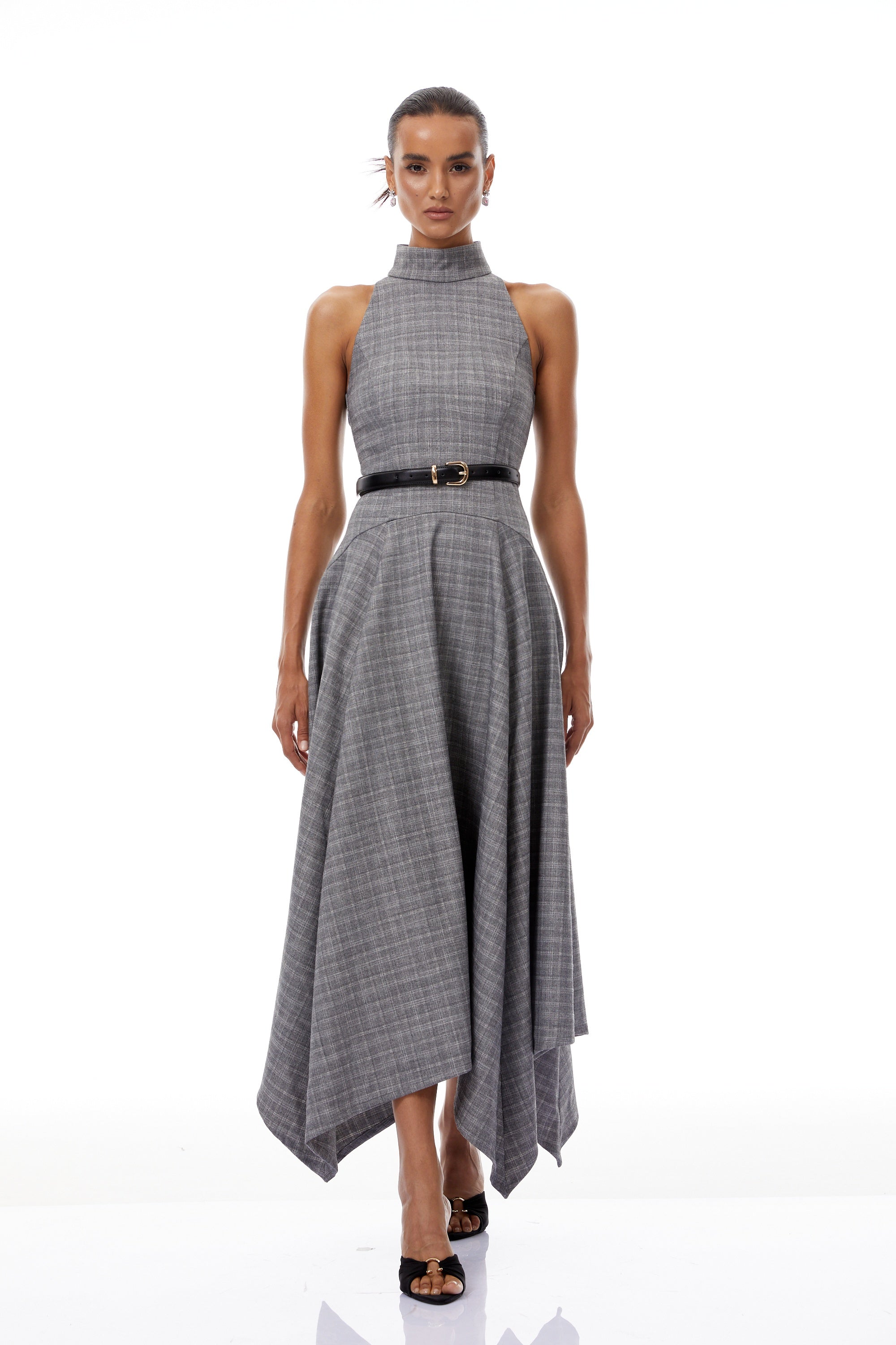 Wilhemine Grey Checked Tweed Maxi Dress (Without Belt)