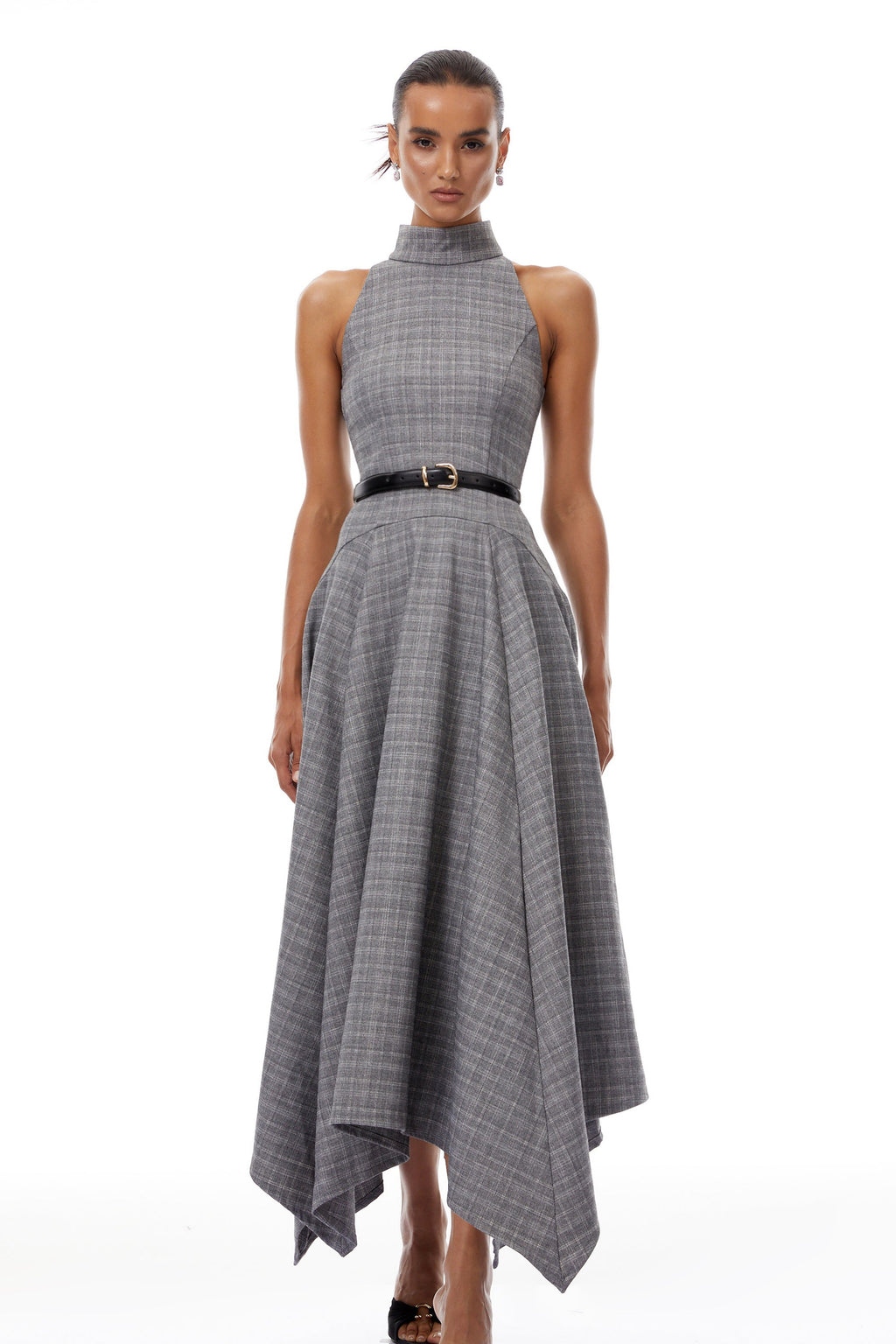 Wilhemine Grey Checked Tweed Maxi Dress (Without Belt)