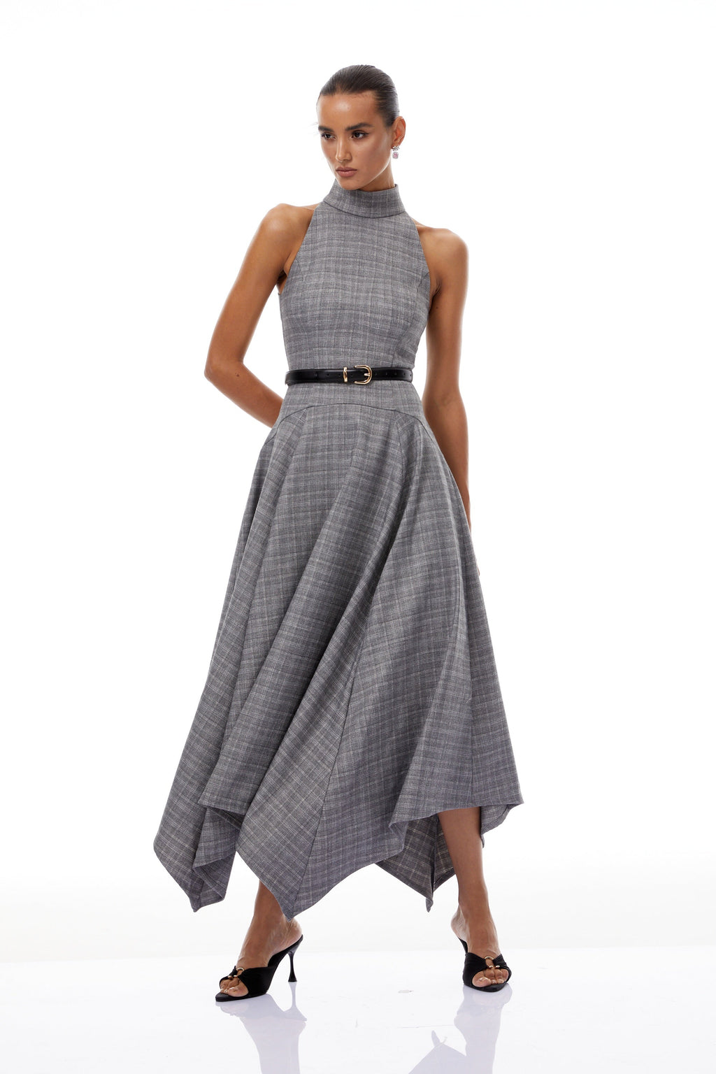 Wilhemine Grey Checked Tweed Midi Dress (Without Belt)