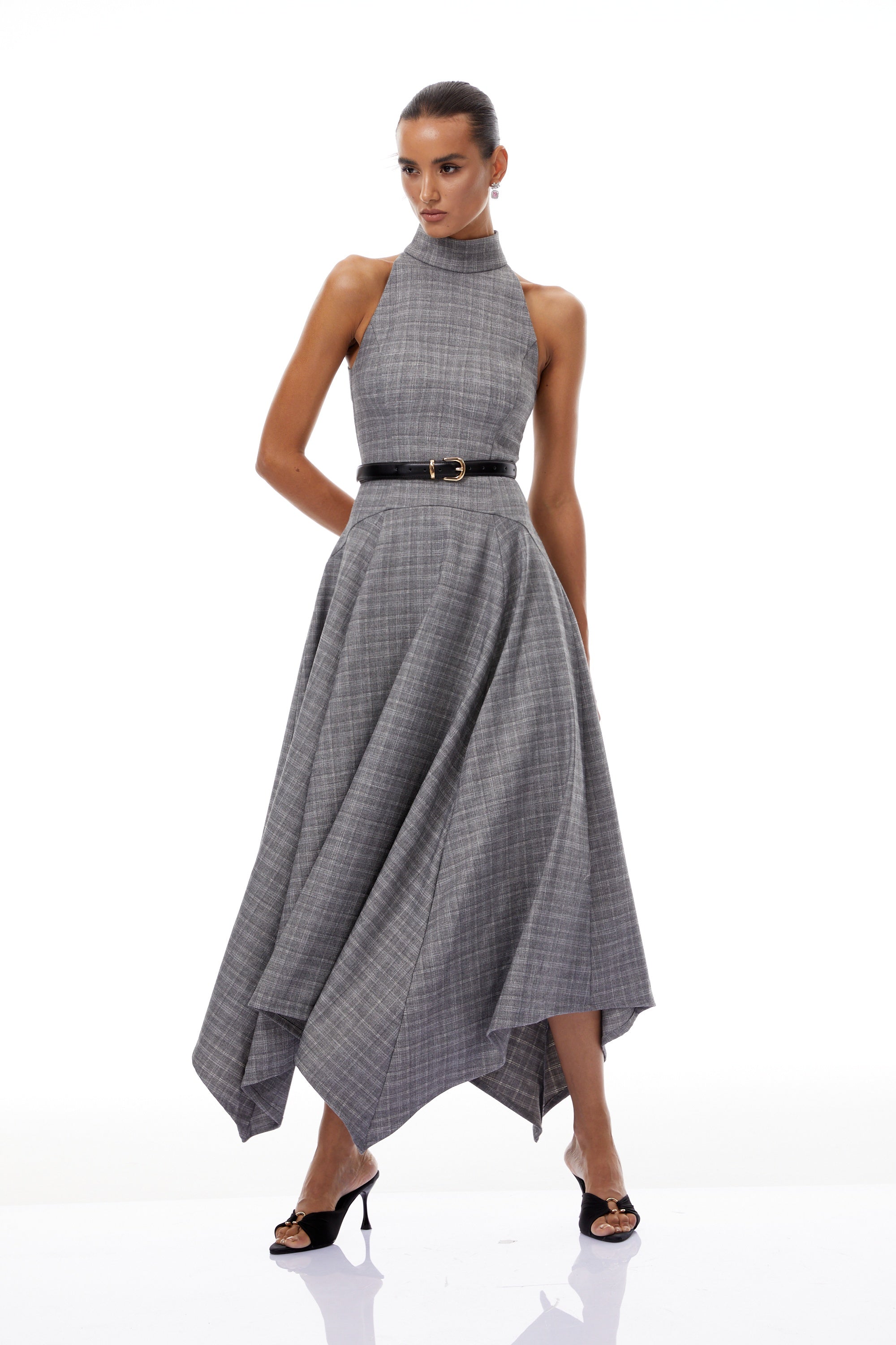 Wilhemine Grey Checked Tweed Midi Dress (Without Belt)