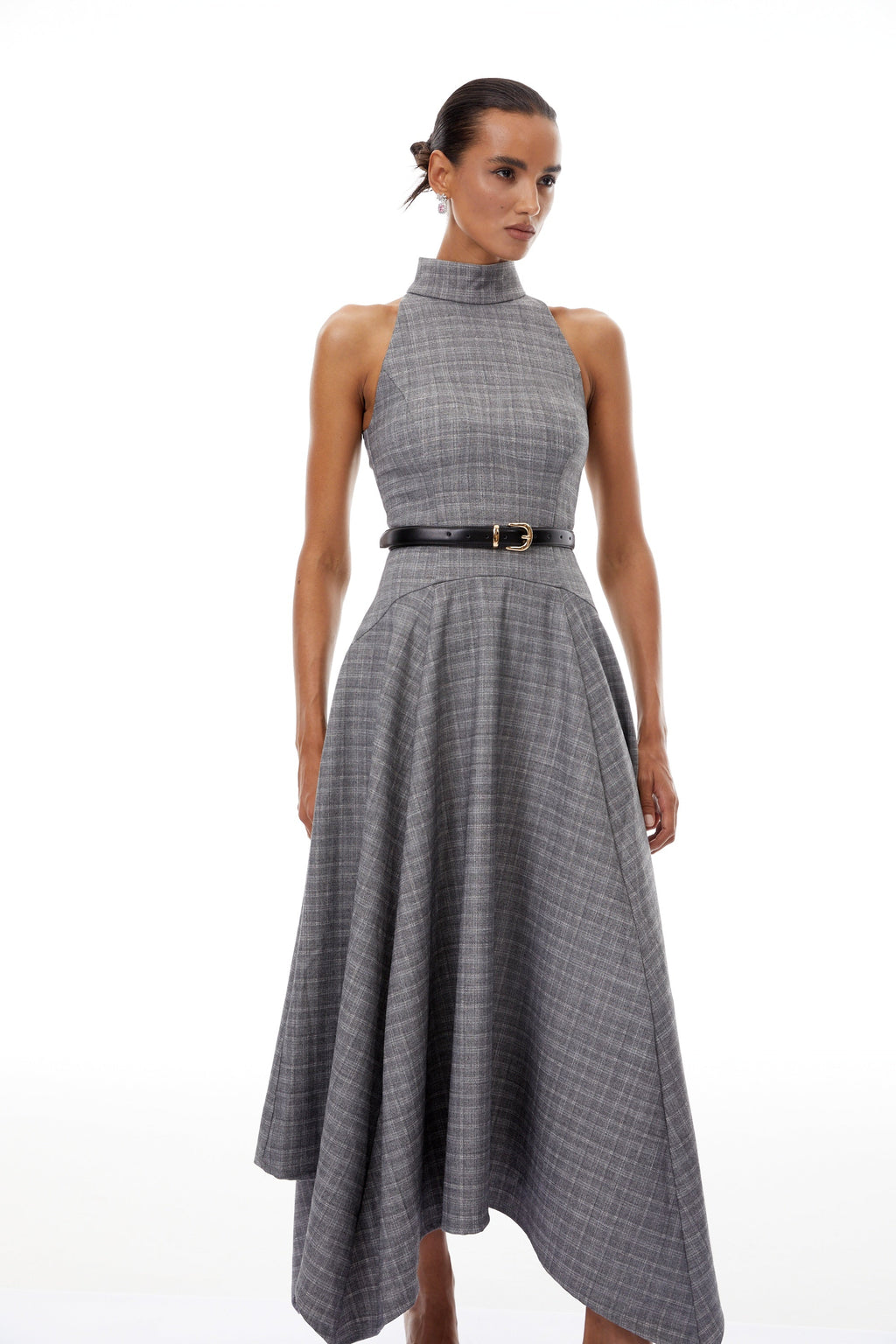Wilhemine Grey Checked Tweed Maxi Dress (Without Belt)
