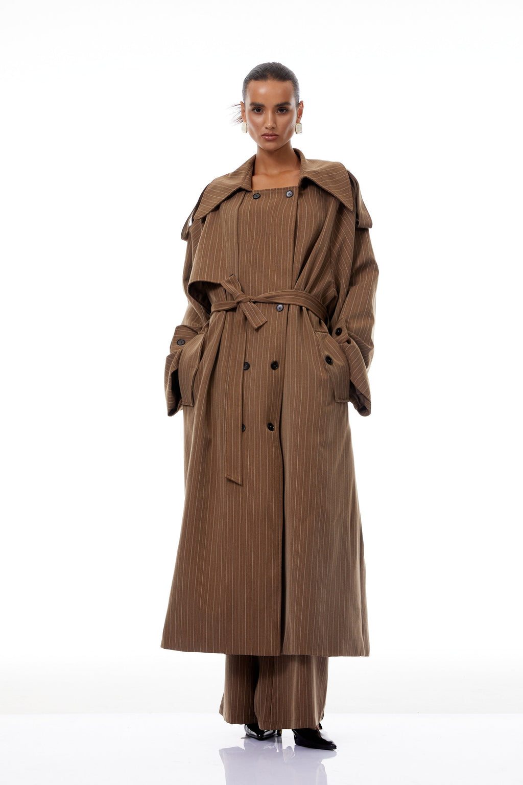 Clémence Brown Striped Trench Coat & Trousers Set