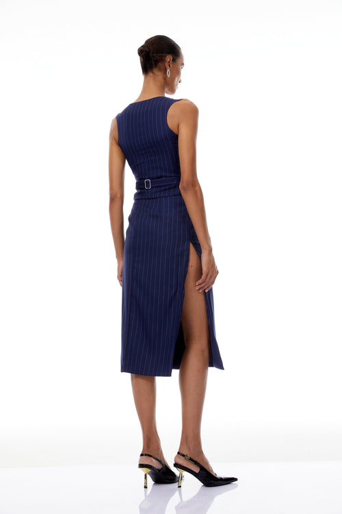 Aurianne Navy Blue Pinstriped Top & Skirt Set