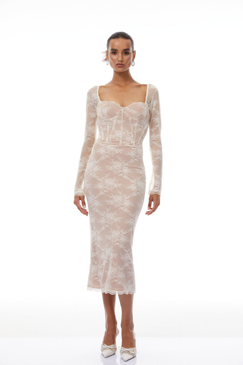 Nóra Neutral Floral Lace Corset Midi Dress