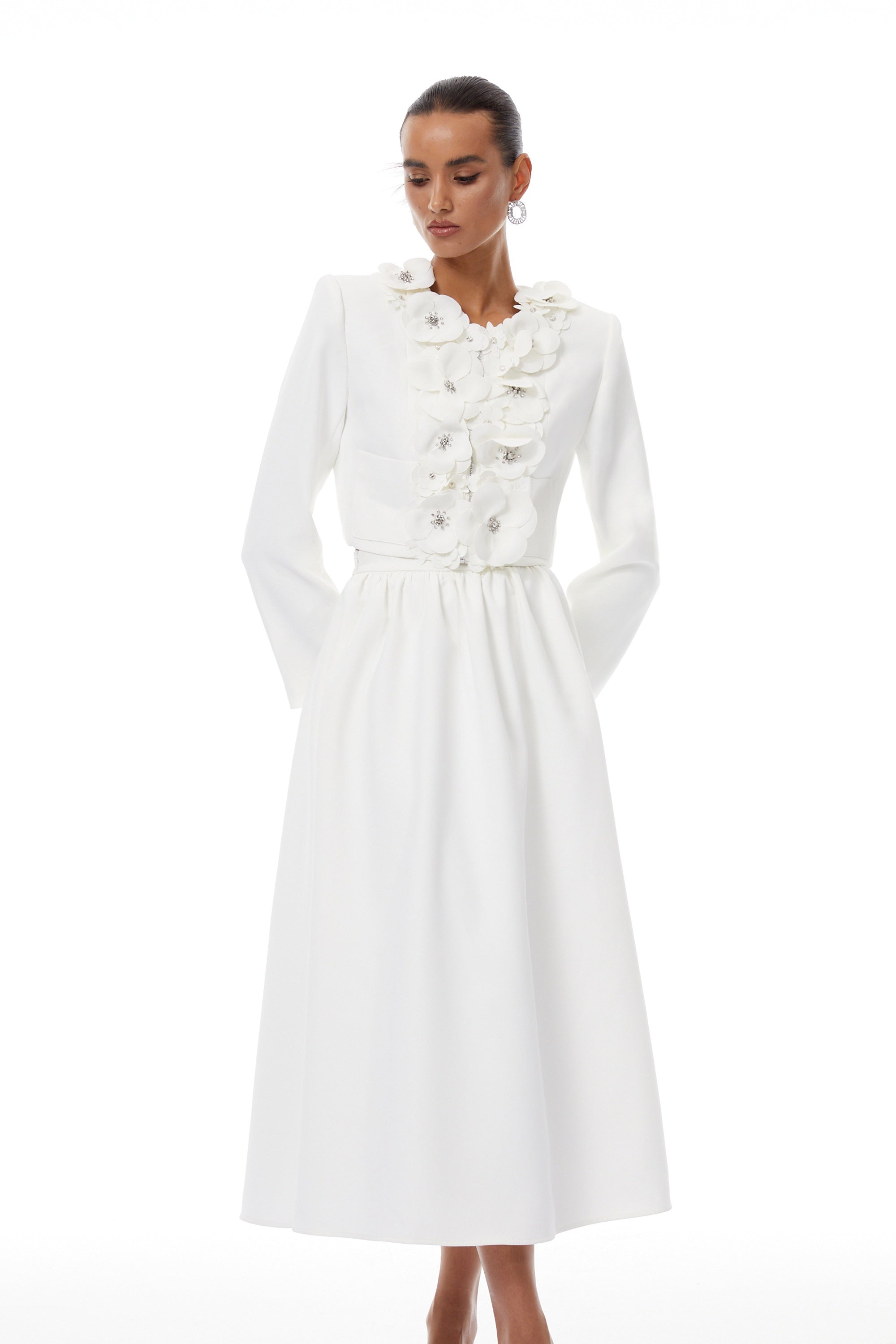 Élodie White Floral Appliqué Jacket & Skirt Set
