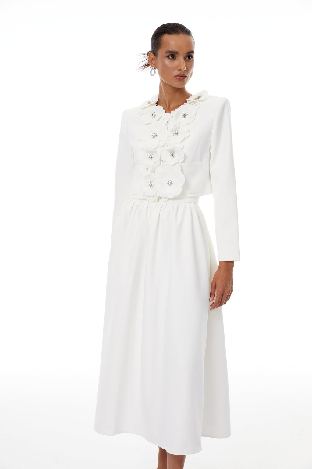 Élodie White Floral Appliqué Jacket & Skirt Set