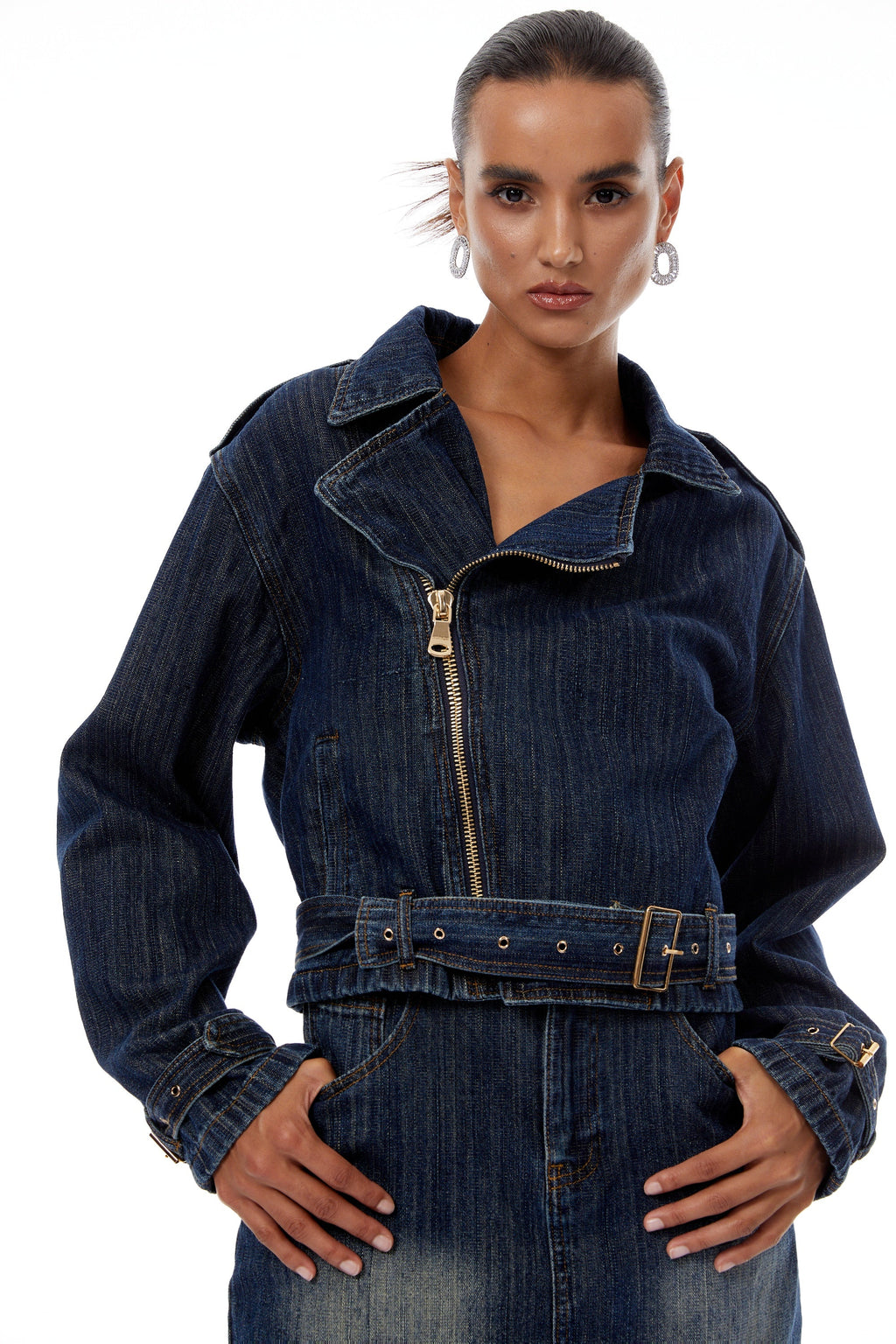Solène Blue Denim Biker Jacket & Skirt Set