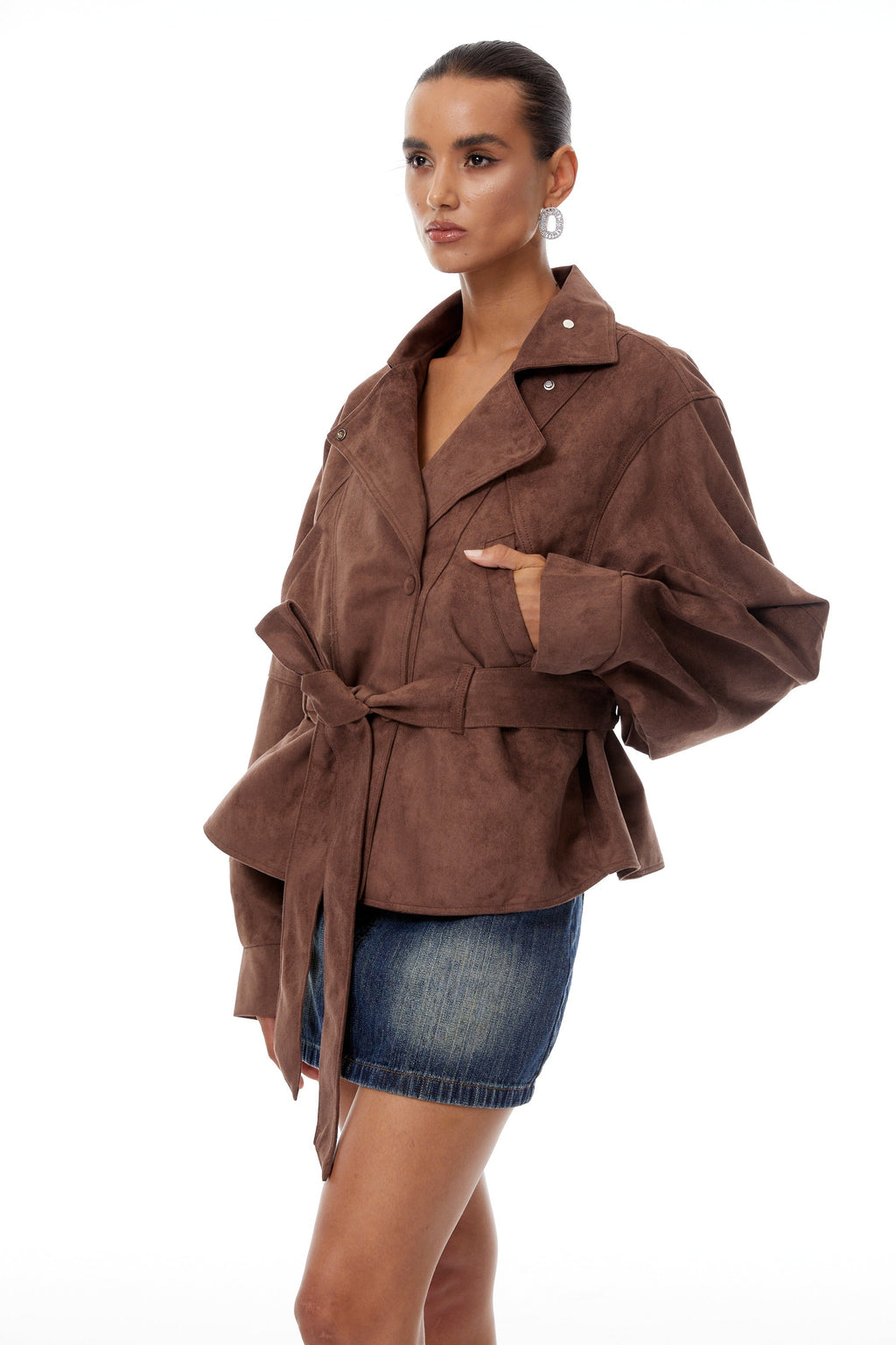 Aveline Brown Belted Suede Biker Jacket