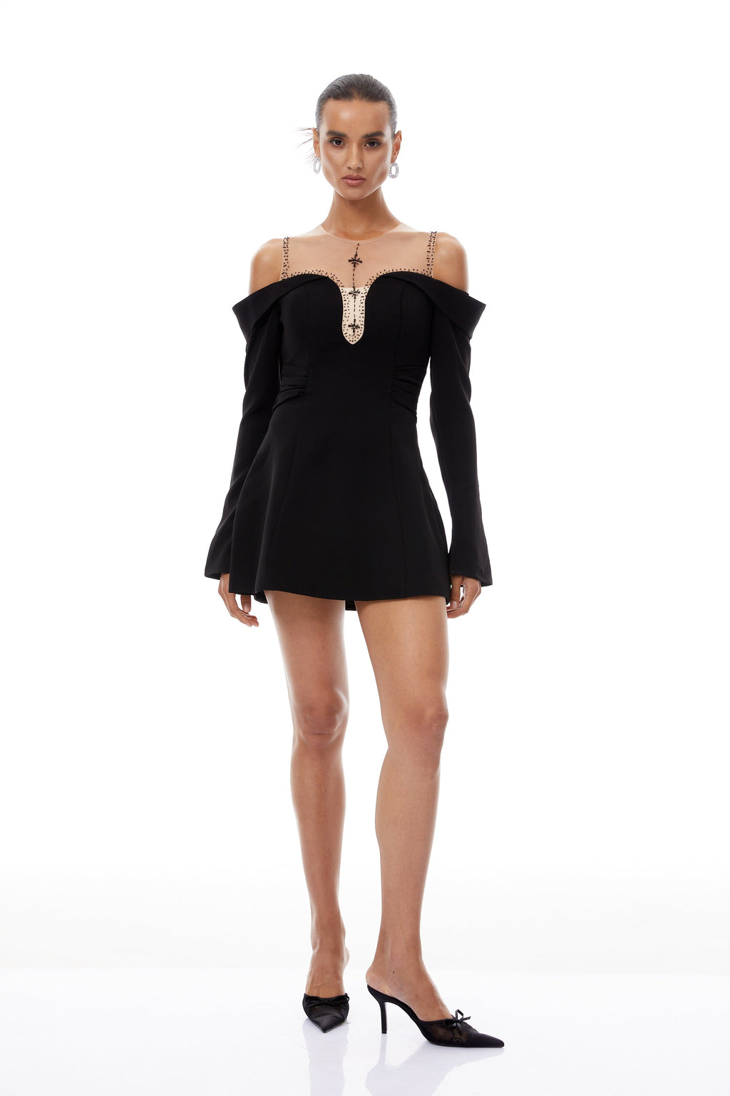 Abrielle Black Cold Shoulder A-line Mini Dress
