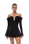 Abrielle Black Cold Shoulder A-line Mini Dress