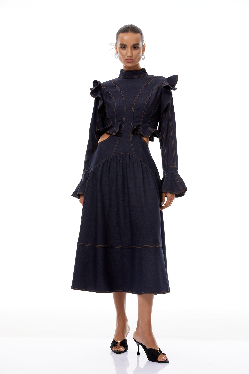 Wilhelmine Indigo Blue Ruffled Denim Midi Dress