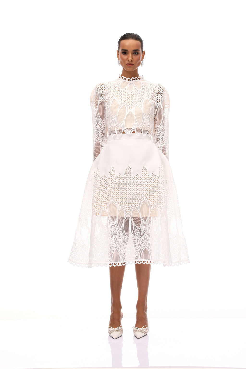 Anett White Corded Lace Blouse & Skirt Set