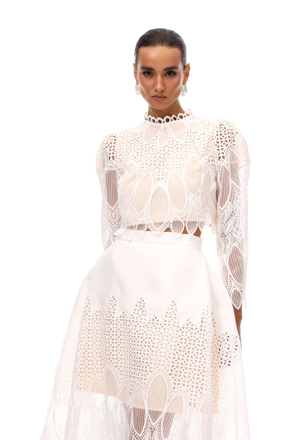 Anett White Corded Lace Blouse & Skirt Set
