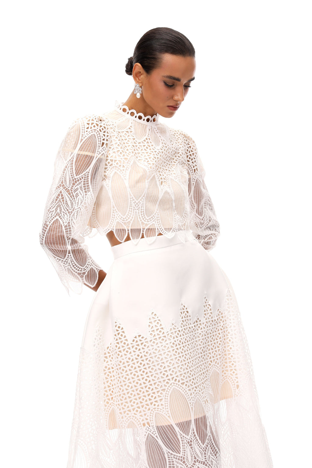 Anett White Corded Lace Blouse & Skirt Set