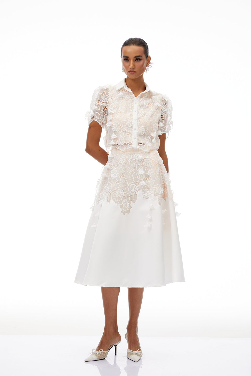 Annamária White Corded Lace Top & Skirt Set