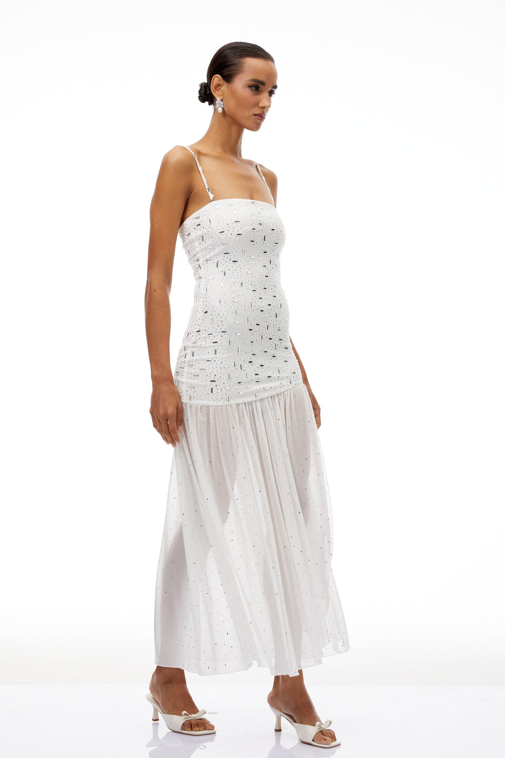 Apollonia White Rhinestone Asymmetrical Maxi Dress