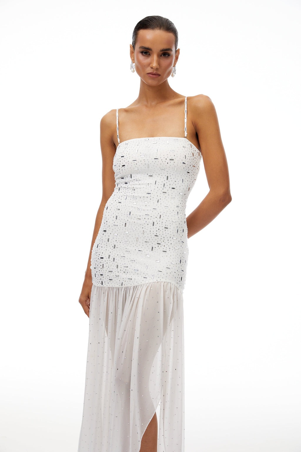 Apollonia White Rhinestone Asymmetrical Maxi Dress