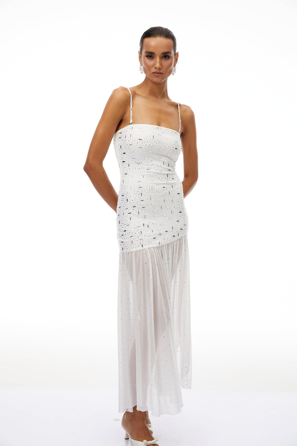 Apollonia White Rhinestone Asymmetrical Maxi Dress