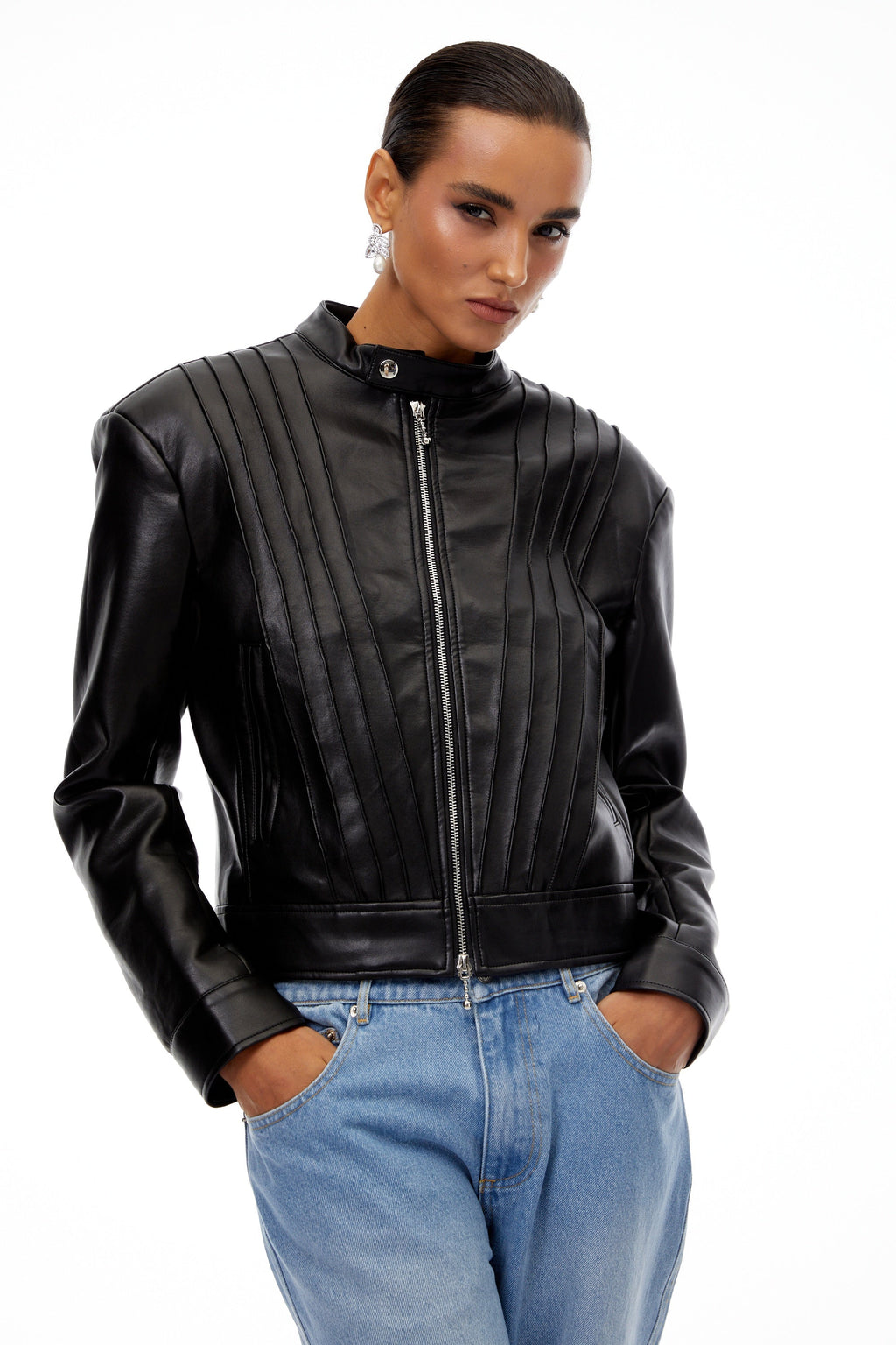 Quitterie Black Pleated Leather Biker Jacket
