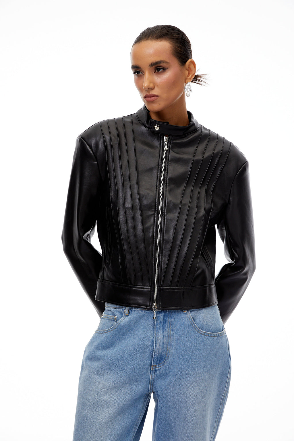 Quitterie Black Pleated Leather Biker Jacket