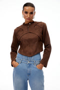 Honorine Brown Suede Crop Biker Jacket