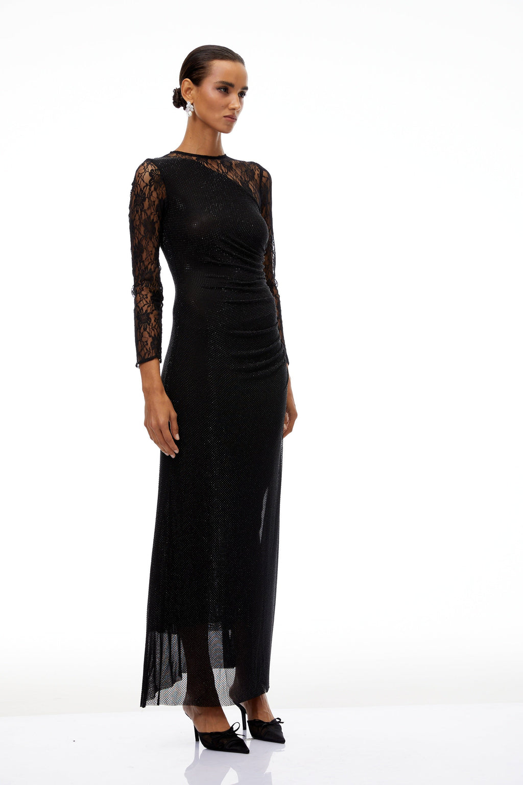 Rocío Black Lace Panel Rhinestone Maxi Dress