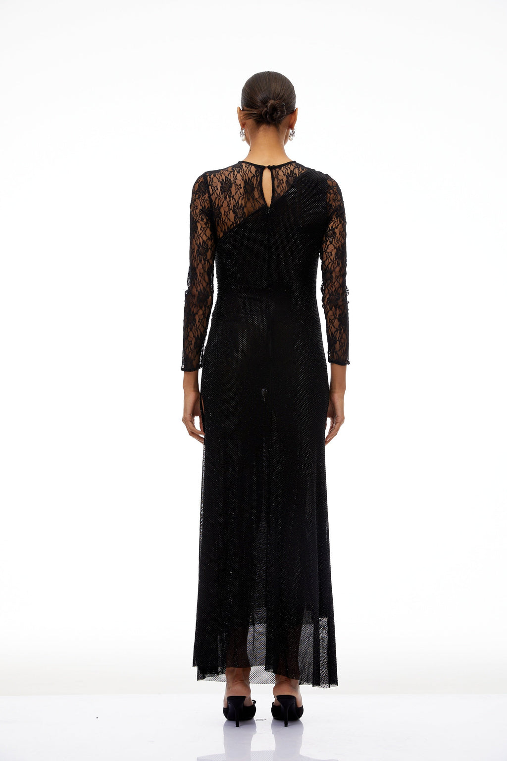 Rocío Black Lace Panel Rhinestone Maxi Dress