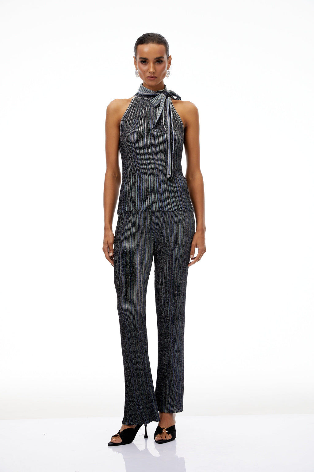 Szabina Grey Striped Knit Top & Trousers Set
