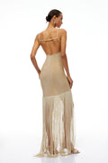 Cătălina Khaki Fringed Knit Maxi Dress