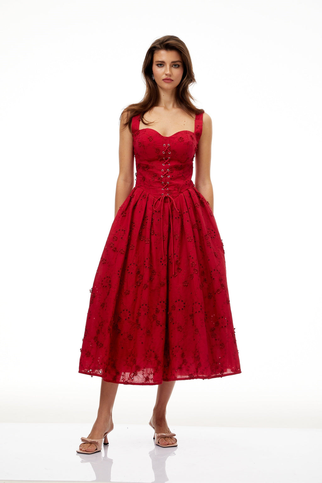 Panna Red Floral Embroidered Corset Midi Dress