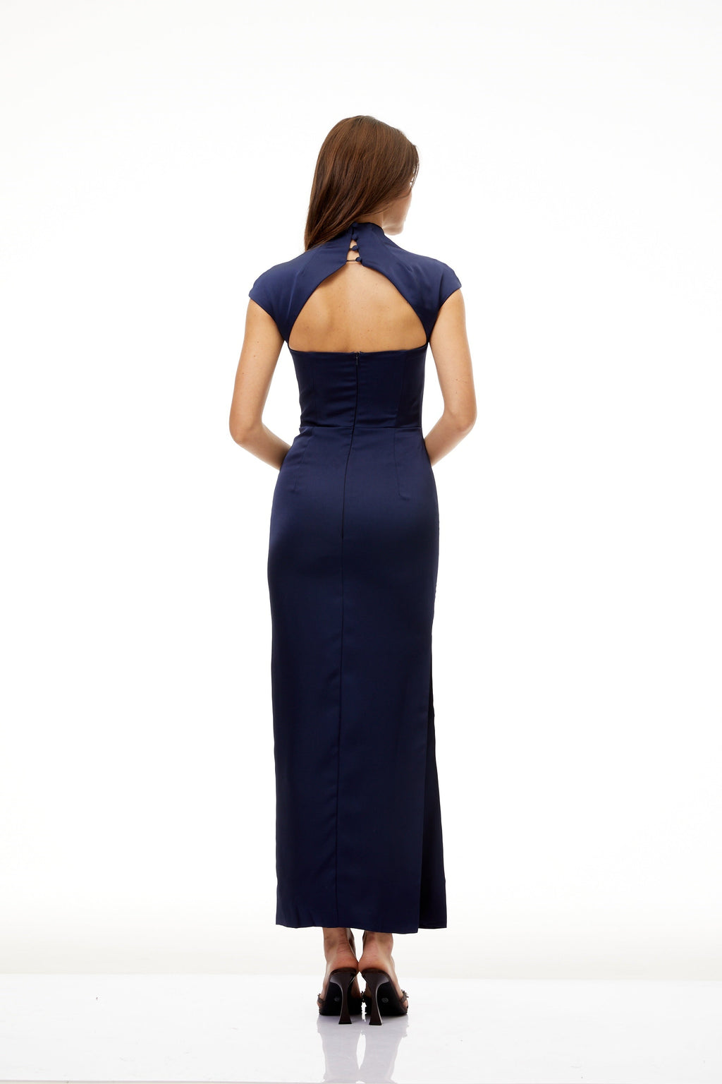 Karine Navy Blue Satin Pencil Maxi Dress