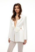 Aristița White Faux-Pearl Floral Blazer & Trousers Set