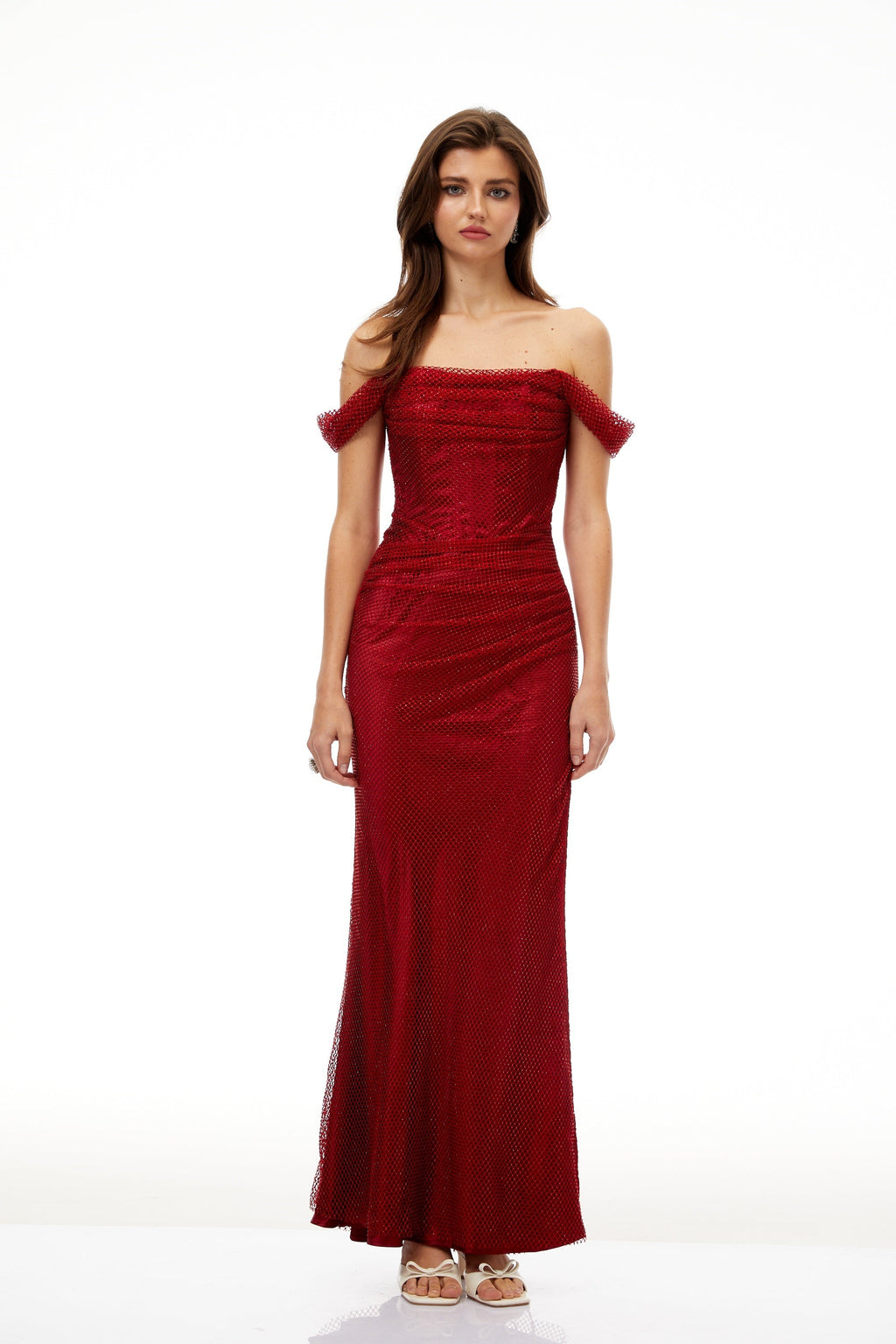 Scarlet Red Off-Shoulder Rhinestone Evening Gown