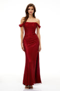Scarlet Red Off-Shoulder Rhinestone Evening Gown