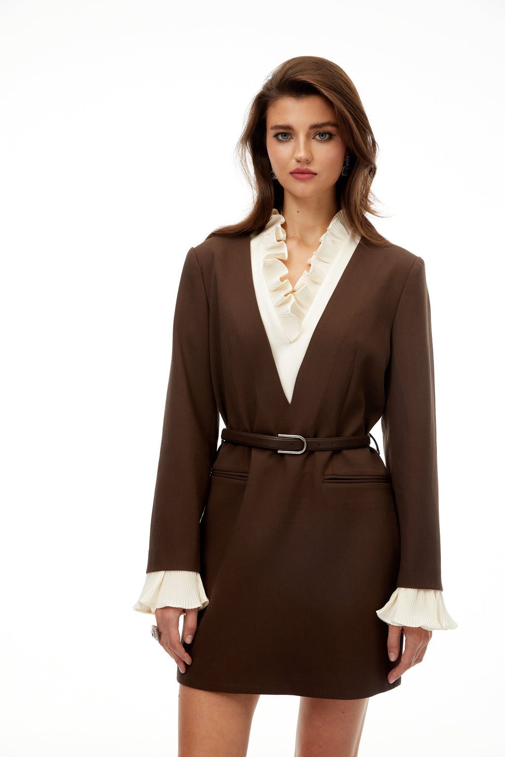 Agata Brown Ruffled Trim Mini Blazer Dress