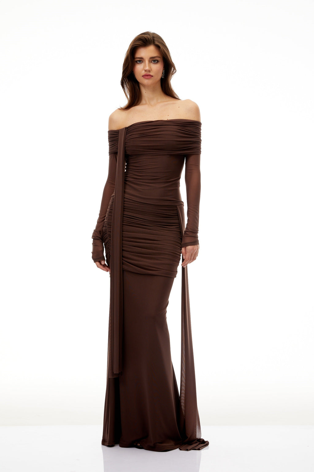 Hyacinthe Brown Asymmetrical Ruched Top & Skirt Set