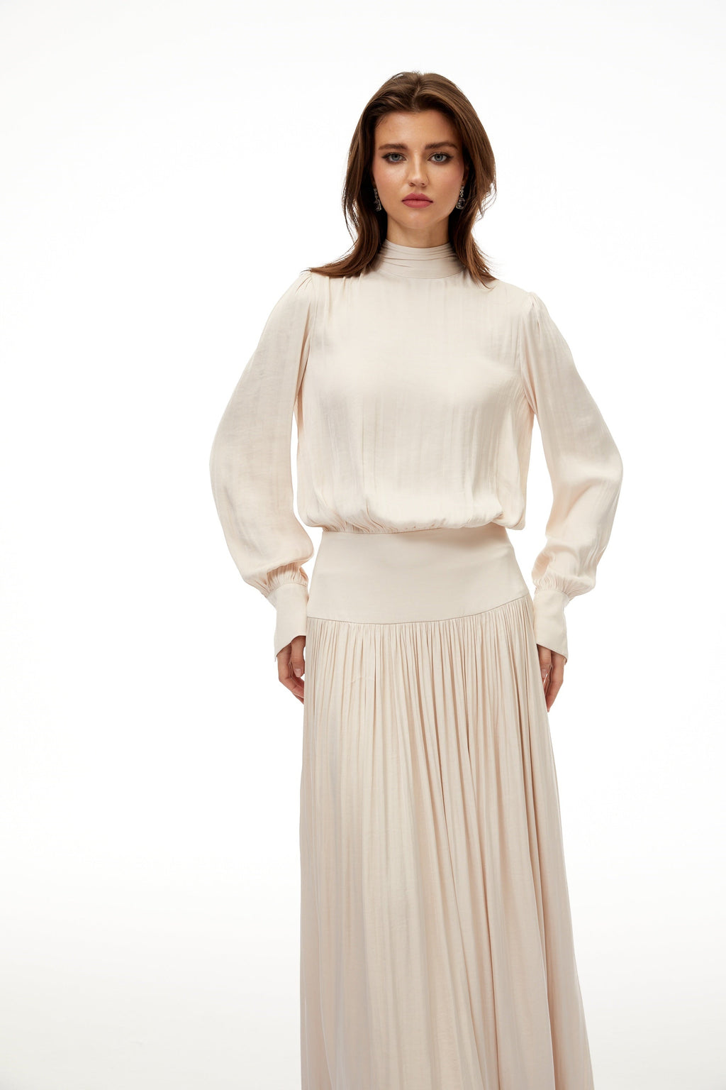 Valérie Neutral Self-Tie Pleated Maxi Dress