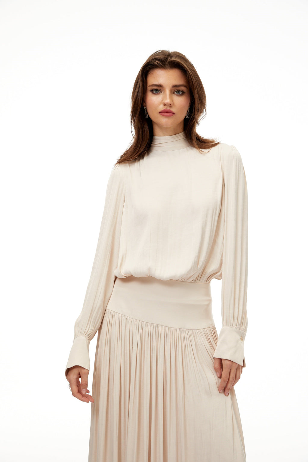 Valérie Neutral Self-Tie Pleated Maxi Dress