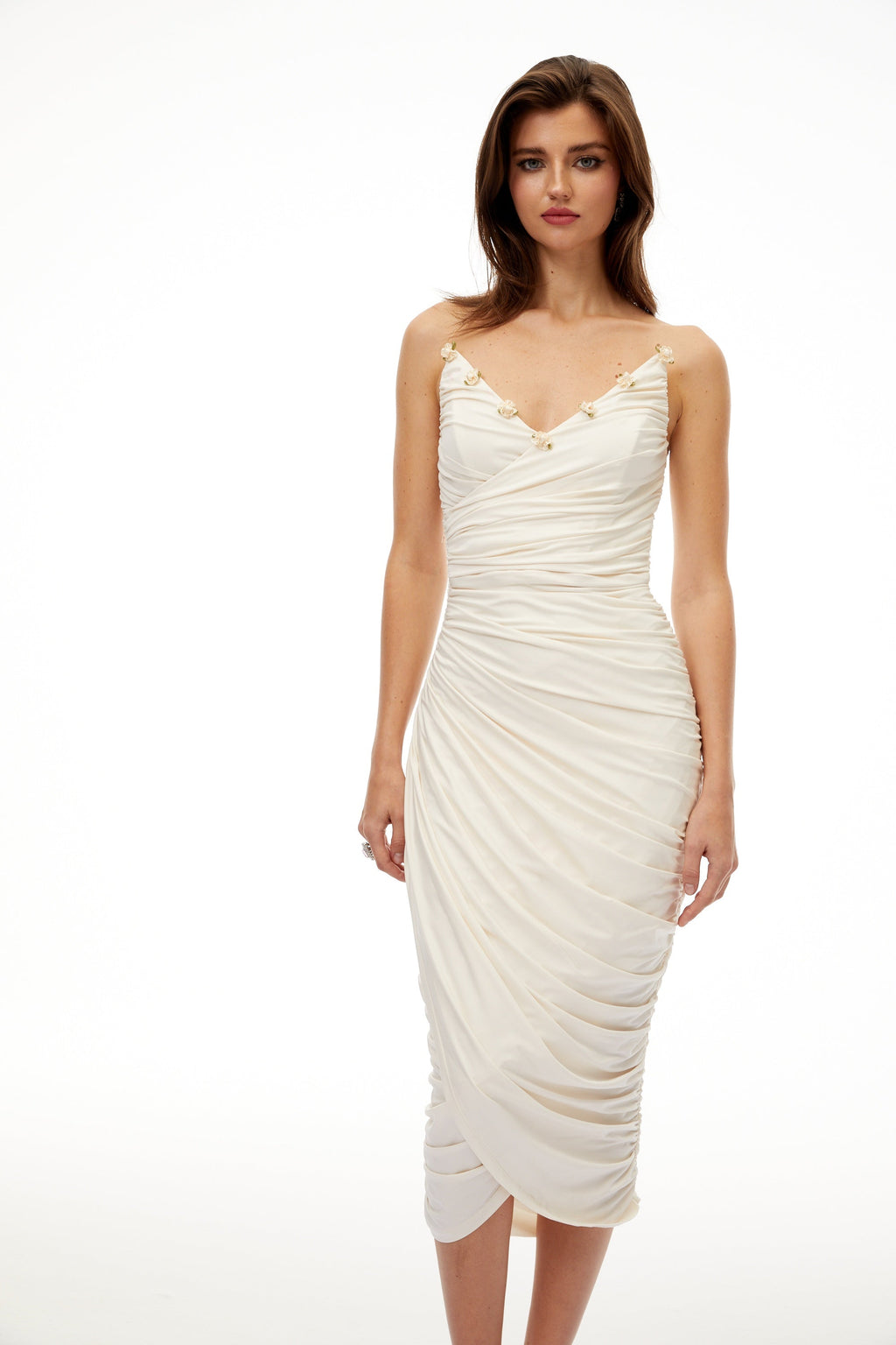 Geneviève White Floral Gathered Midi Bodycon Dress