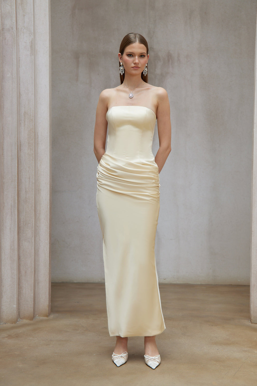 Adélade Yellow Ruched Satin Corset Maxi Dress